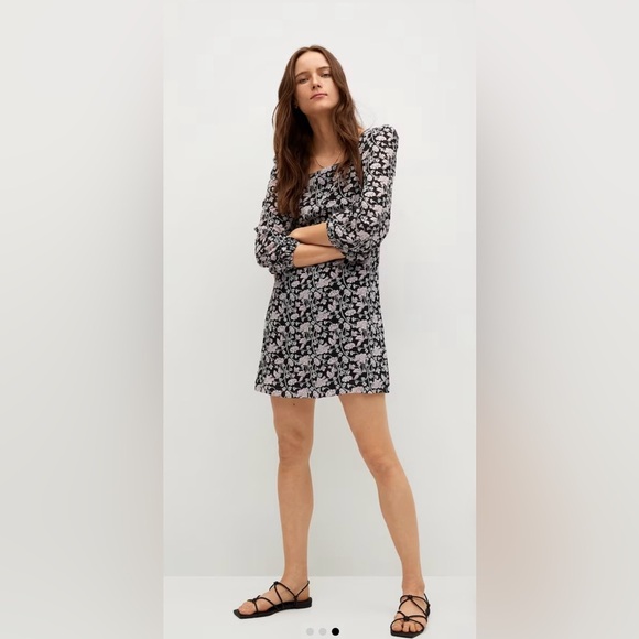 Mango Dresses & Skirts - Mango MNG Black Pink Floral Puff‎ Sleeve Square Neck Rocio Mini Dress
